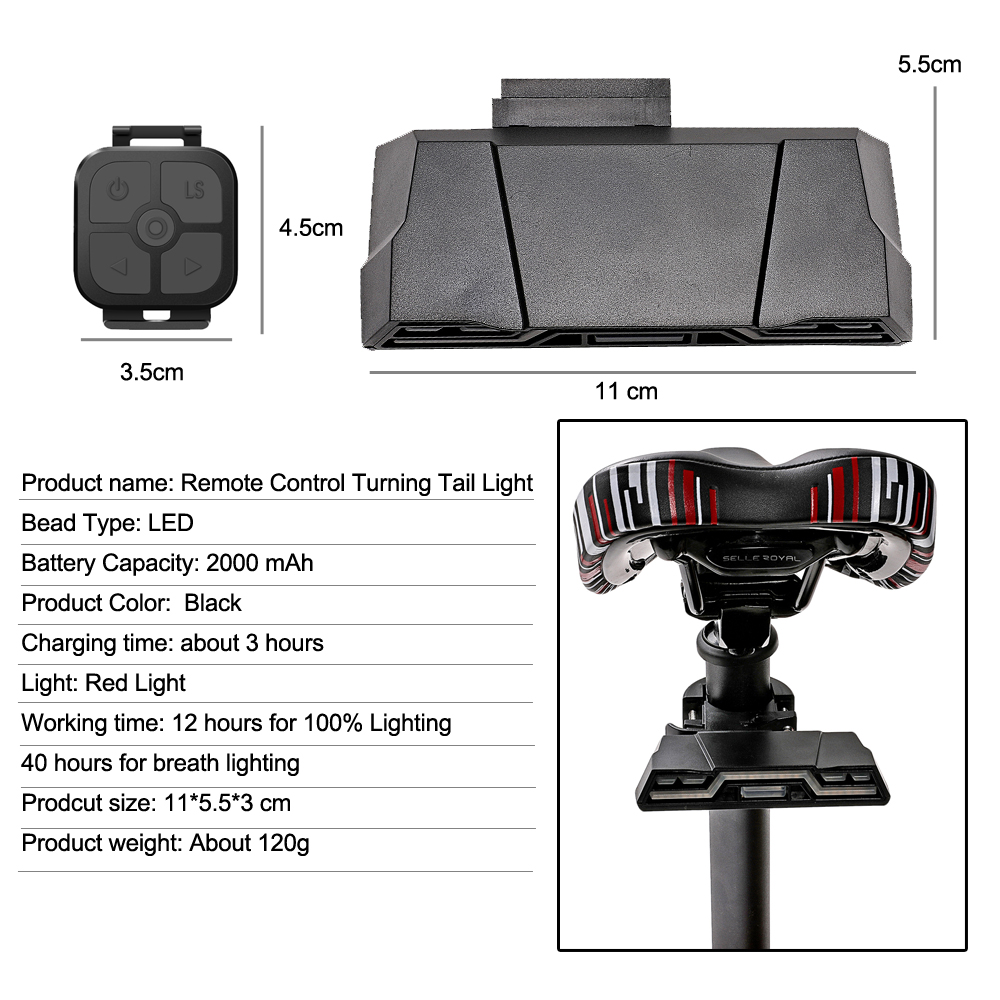 Smart Bike Light Wireless Remote Control Cycling Turning Signal Taillight USB Bicycle Rechargeable Rear Light LED Warning Lamp